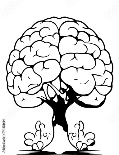 A red brain-shaped tree with a dark trunk, symbolizing the growth of ideas and intelligence. 