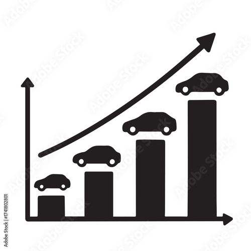 Black minimalist car growth chart with increasing bars and upward arrow, symbolizing automotive business success, sales progress, and transportation industry development concept.