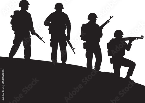 Four soldiers in silhouette with rifles on a hill military