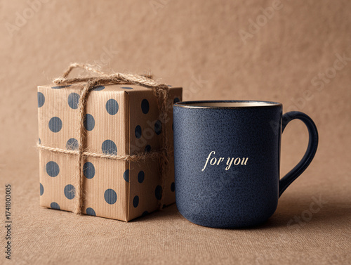 Charcoal Ceramic Mug beside Ribboned Gift