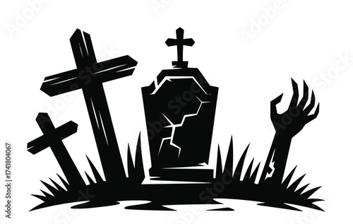Spooky Halloween graveyard scene with zombie hand rising from the grave silhouette