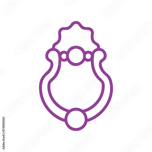 Purple Outline Icon of a Traditional Door Knocker with a Ring and Circles Keywords: door knocker, icon, outline, purple, graphic, symbol, entrance