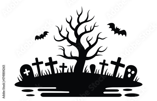 Spooky Halloween graveyard scene with bats flying over tombstones and dead tree