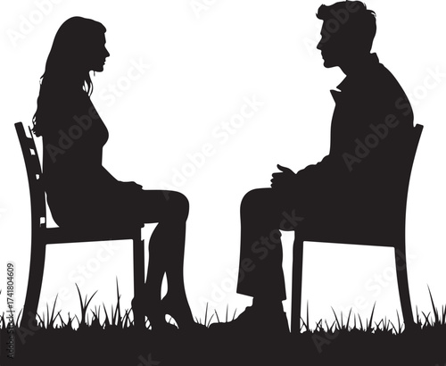 Silhouette couple sitting on chairs facing each other on grass