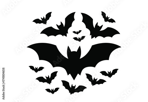 Spooky black bats silhouettes flying on white, perfect for Halloween designs
