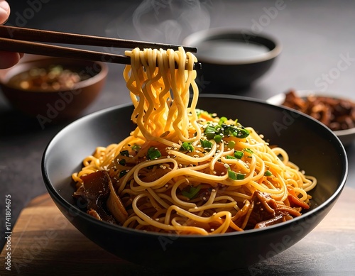 Stir-fried noodles with a hand holding chopsticks
