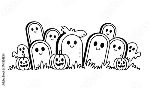 Whimsical Halloween ghosts and pumpkins doodle in black and white for spooky fun
