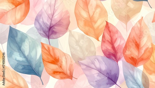 Soft Autumn Leaves Pattern in Pastel Watercolor Style
