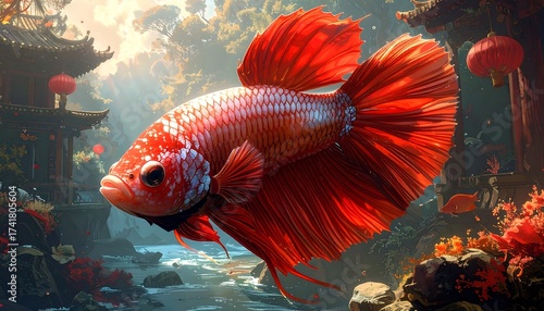 Red Betta Fish in a Chinese Garden Setting with Temples and Landscape