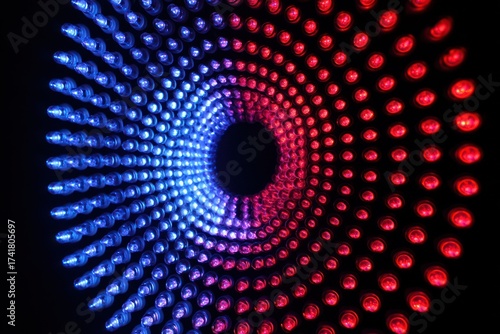 Abstract tunnel of red and blue lights creating a swirling vortex on a black background