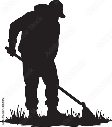Silhouette of man with hoe working in grass gardening