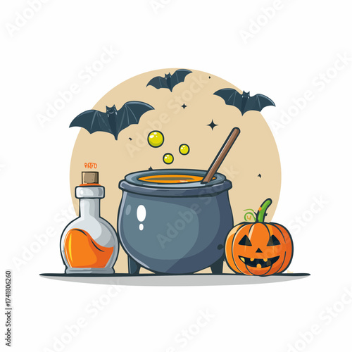 A Halloween themed illustration featuring a cauldron with bubbling potion, a bottle of orange liquid, a carved pumpkin, and bats flying in the background.