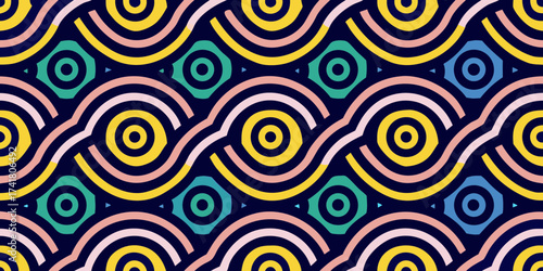 Abstract geometric seamless pattern with colorful wavy lines and concentric circles on dark blue background