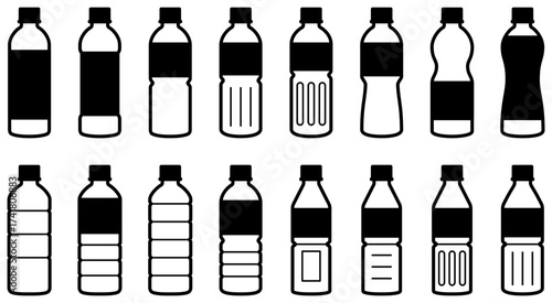 ペットボトルのアイコンセット（様々な形のプラスチックボトルのベクターイラスト）
