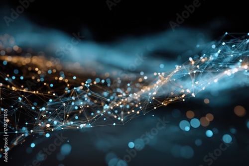 Abstract network with glowing nodes and connecting lines against a dark background