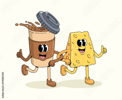 cheese and coffee groovy cartoon illustration