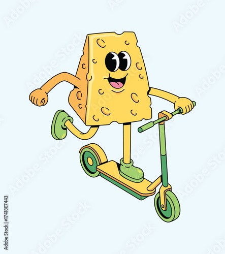 cheese kick scooter groovy cartoon illustration
