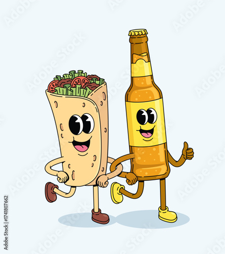 kebab and beer bottle drink groovy cartoon illustration