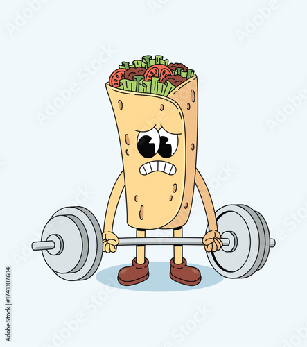 kebab hard weightlifting groovy cartoon illustration