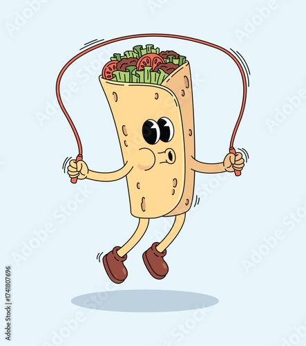 kebab jump rope groovy cartoon illustration