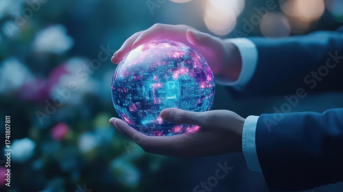 Mystical glowing crystal ball held by hands in a magical outdoor garden scene with vibrant lights and a dreamy atmosphere emphasizing fantasy and mystery