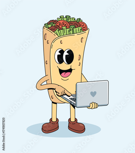 kebab laptop groovy cartoon illustration