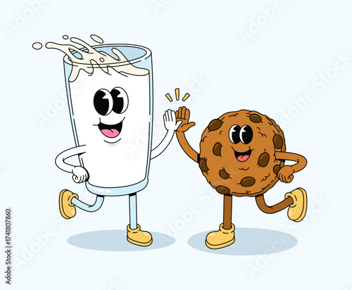 milk and chip cookie high five groovy cartoon illustration