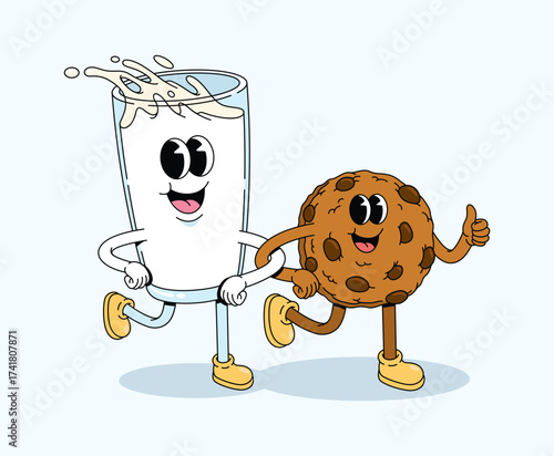 milk and chip cookie walk together groovy cartoon illustration