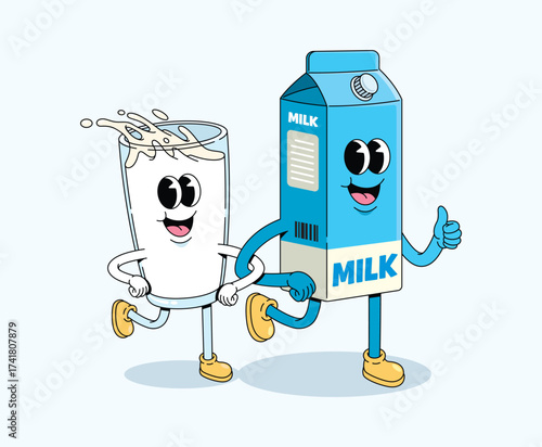 milk and milk box walk together coffee cup high five groovy cartoon illustration