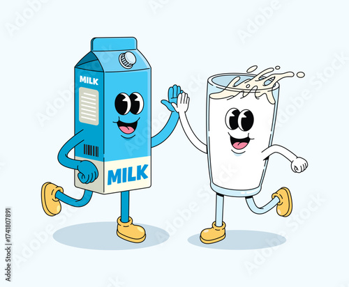 milk and milk box coffee cup high five groovy cartoon illustration
