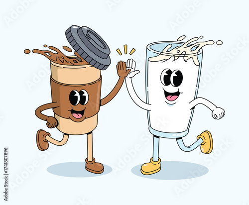 milk and coffee cup high five groovy cartoon illustration