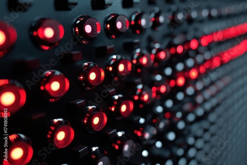 Close up shot of a dark surface with rows of red lights in a grid like pattern on the surface