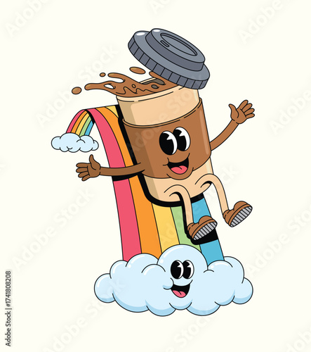 coffee cup slide rainbow groovy cartoon illustration