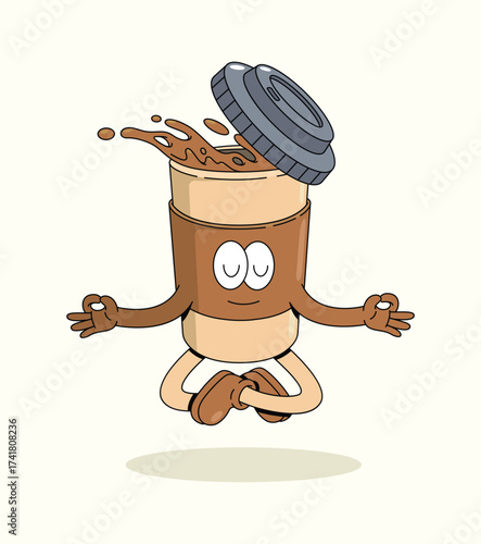 coffee cup meditation groovy cartoon illustration