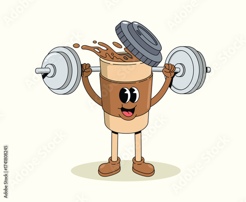 coffee cup weightlifting groovy cartoon illustration