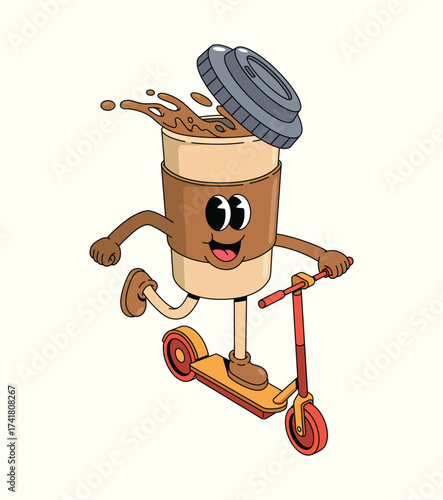 coffee cup kick scooter groovy cartoon illustration
