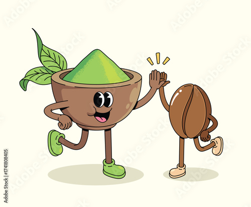matcha and coffee bean high five groovy cartoon illustration