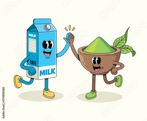 matcha and milk box groovy cartoon illustration