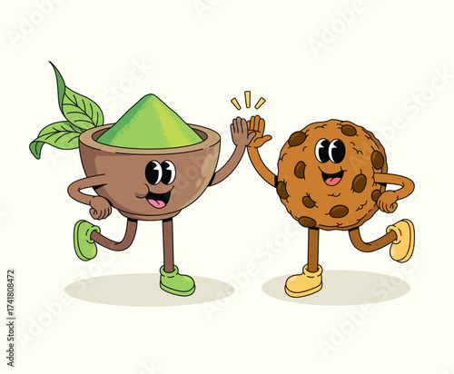 matcha and chip cookie groovy cartoon illustration
