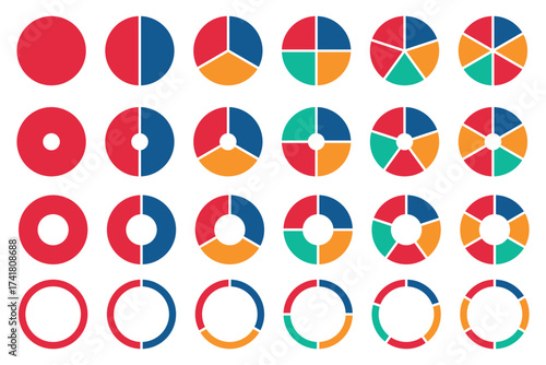Circle pie chart diagram. Set of pie charts diagrams. Pie chart divided 2, 3, 4, 5, 6,7, 8, 9, 10, 11, 12. equal parts. Circle section graph. Different color circles. Colorful diagram graphs.