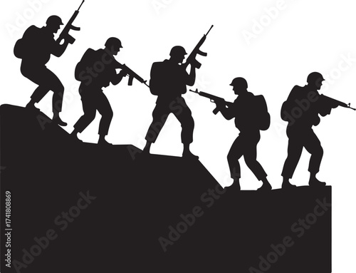 Silhouette soldiers advancing with rifles on uneven terrain