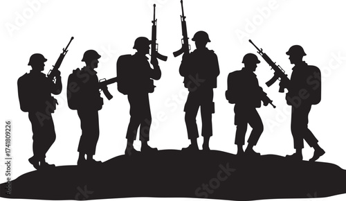Silhouette soldiers with rifles on hill military army