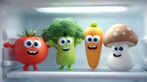 Four cheerful cartoon vegetables stand together in a refrigerator. A tomato, broccoli, carrot, and mushroom happily enjoy their time, making the fridge lively.