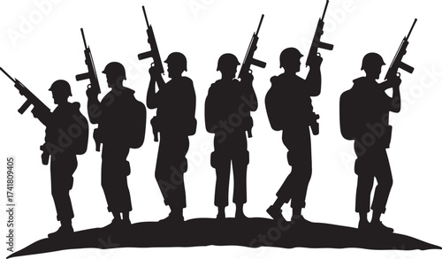Six black silhouette soldiers holding rifles standing on a white background