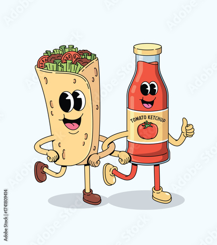 tomato ketchup and kebab groovy cartoon illustration