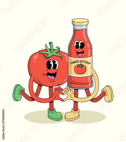 tomato ketchup and tomato love groovy cartoon illustration