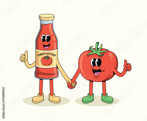 tomato ketchup and tomato hand in hand groovy cartoon illustration