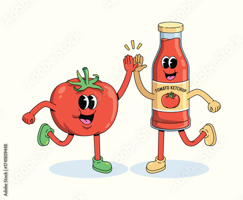 tomato ketchup and tomato high five groovy cartoon illustration