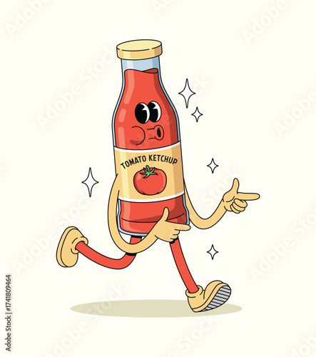 tomato ketchup energetic walk groovy cartoon illustration