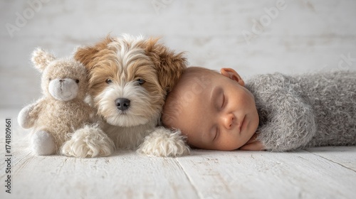 A fluffy puppy sits beside a sleeping baby, both looking peaceful and cozy together on a light wooden floor. The baby is nestled comfortably with a soft toy.